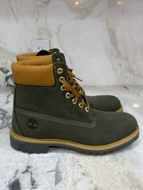 Timberland Men's Olive Green Nubuck Boots with Tan Collar